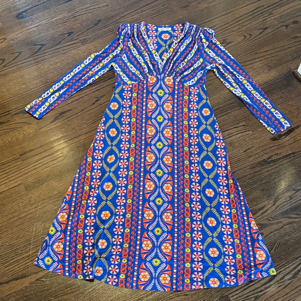 Boden Blue Patterned Long Sleeve Dress